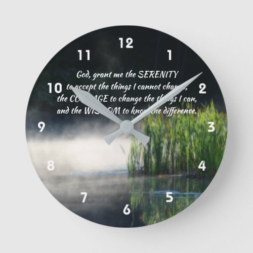 Serenity Prayer Cattails In Mist Inspirational    Round Clock