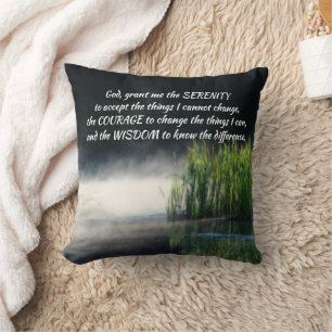 Serenity Prayer Cattails In Mist Inspirational   Throw Pillow