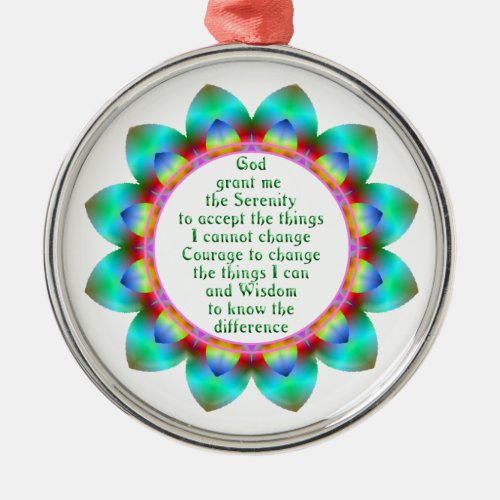 Serenity Prayer centered in 12 petal design flower Metal Ornament