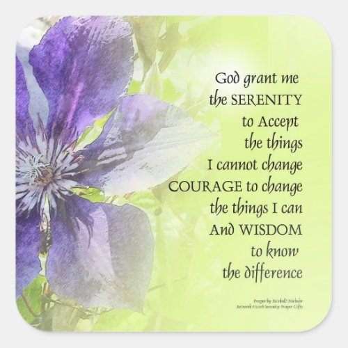 Serenity Prayer Clematis Purple Green Square Sticker