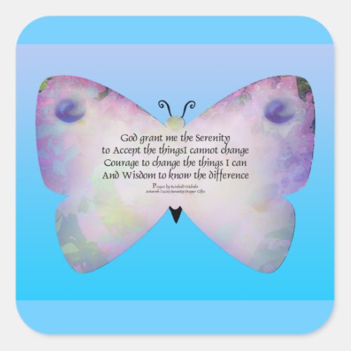 Serenity Prayer Colorful Butterfly on Blue Square Sticker