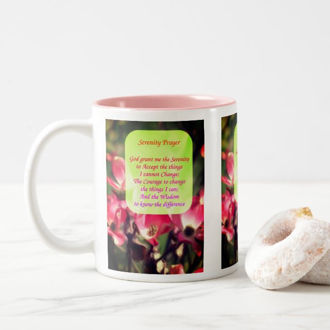 Serenity Prayer Dogwood Flowers Inspirational Two-Tone Coffee Mug (With Donut)