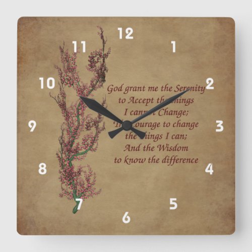 Serenity Prayer Flowering Tree Inspirational Square Wall Clock