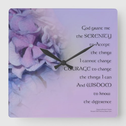 Serenity Prayer Hydrangeas Harmony Lavender Square Wall Clock