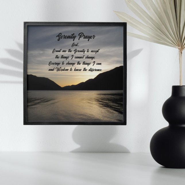 Serenity Prayer Lake Sunset Silhouette Peel And Stick Photo Tile (In Situ (Above Shelf))