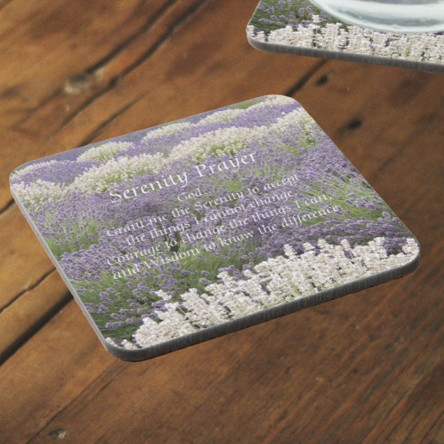 Serenity Prayer Lavender Garden Floral Beverage Coaster (In Situ Angled)