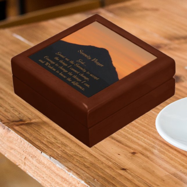Serenity Prayer Mountain Sunset Landscape Keepsake Box (In Situ Angled)