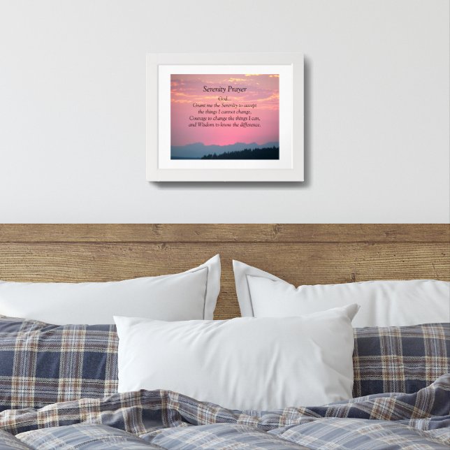 Serenity Prayer Mountains and Pink Sunset Framed Art (Bedroom)