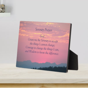 Serenity Prayer Mountains and Pink Sunset Plaque
