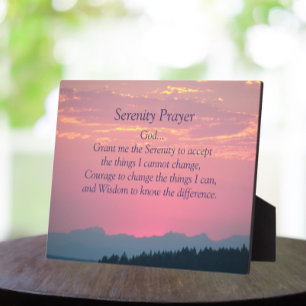 Serenity Prayer Mountains and Pink Sunset Plaque