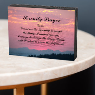 Serenity Prayer Mountains and Pink Sunset Wooden Box Sign