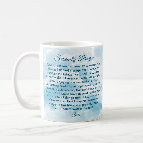 Serenity Prayer Mug with Blue Sky and Clouds