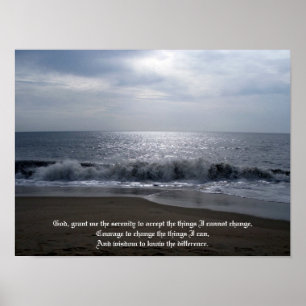 Serenity Prayer on Beautiful Beach Photo at Dawn Poster