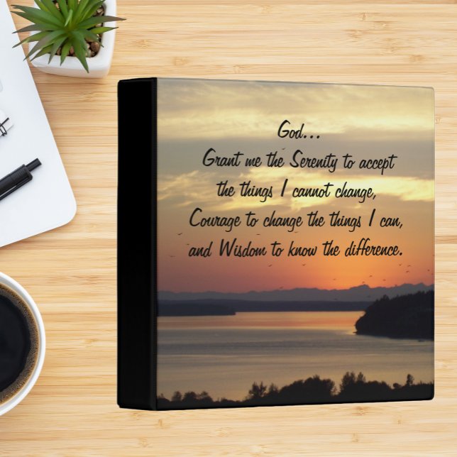 Serenity Prayer Orange Seascape Sunset 3 Ring Binder (In Situ Desk)