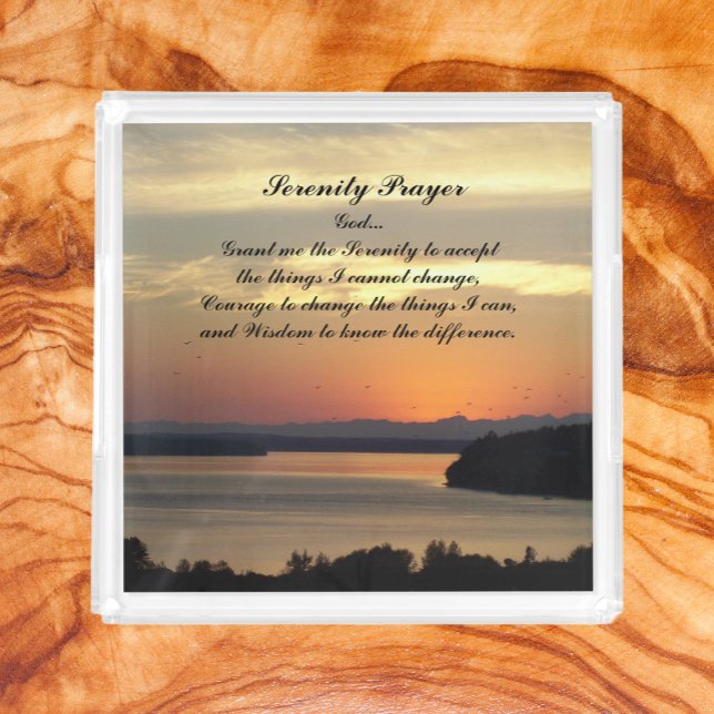 Serenity Prayer Orange Seascape Sunset Acrylic Tray (In Situ)