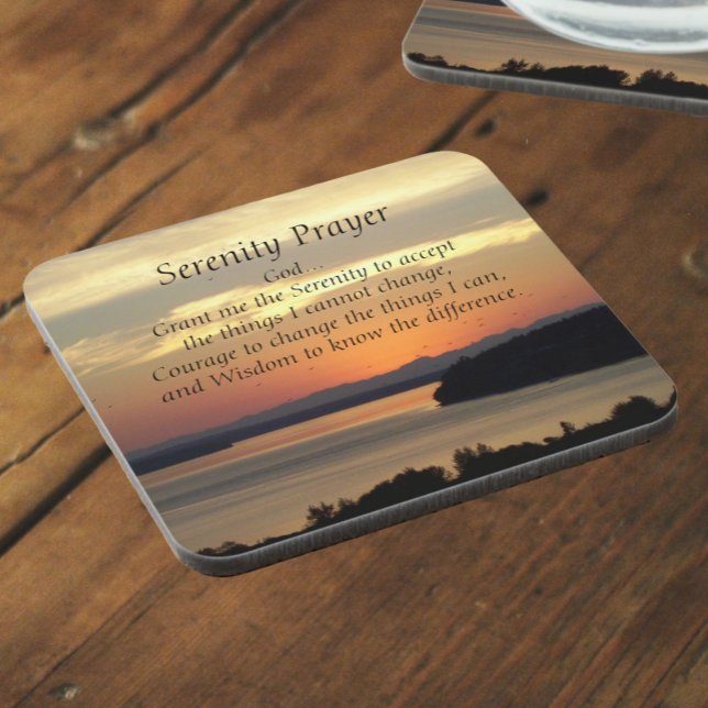 Serenity Prayer Orange Seascape Sunset Beverage Coaster (In Situ Angled)