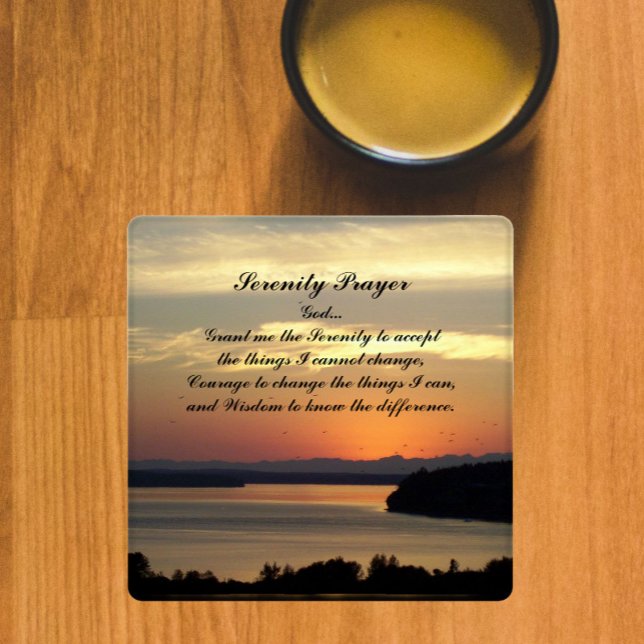 Serenity Prayer Orange Seascape Sunset Coaster Set (In Situ Mug)