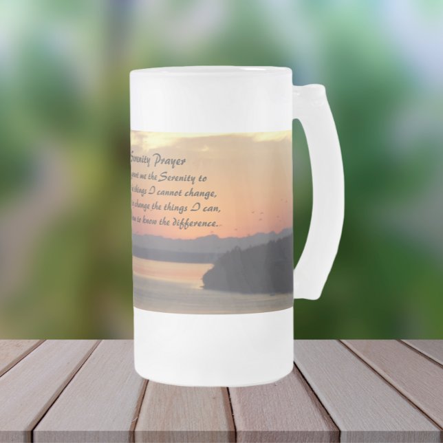 Serenity Prayer Orange Seascape Sunset Frosted Glass Beer Mug (In Situ)