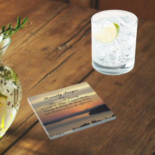 Serenity Prayer Orange Seascape Sunset Glass Coaster