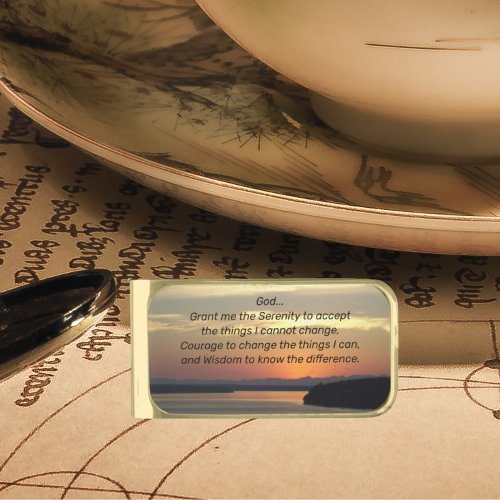 Serenity Prayer Orange Seascape Sunset Gold Finish Money Clip