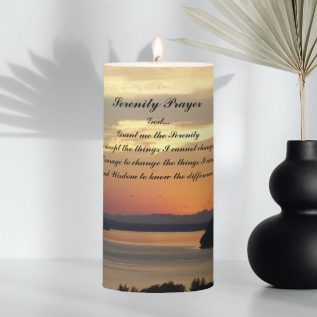 Serenity Prayer Orange Seascape Sunset Pillar Candle (In Situ Vase)