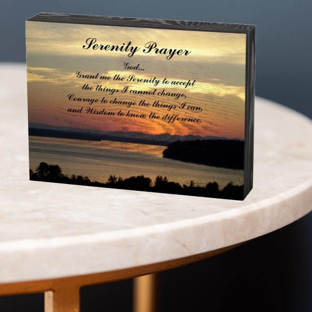 Serenity Prayer Orange Seascape Sunset Wooden Box Sign (In Situ Table)
