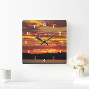 Serenity Prayer Orange Sunset Landscape Square Wall Clock