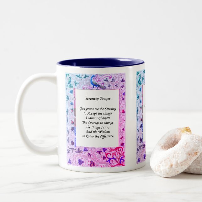 Serenity Prayer Peacock Colors Inspirational Two-Tone Coffee Mug (With Donut)