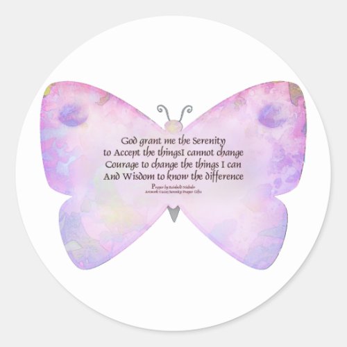 Serenity Prayer Pink and Lavender Butterfly Classic Round Sticker