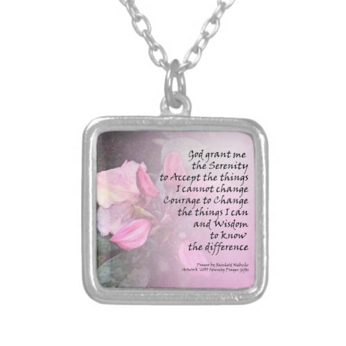 Serenity Prayer Pink Rhodies Silver Plated Necklace