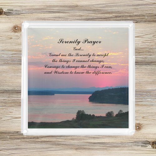 Serenity Prayer Pink Seascape Sunset Acrylic Tray