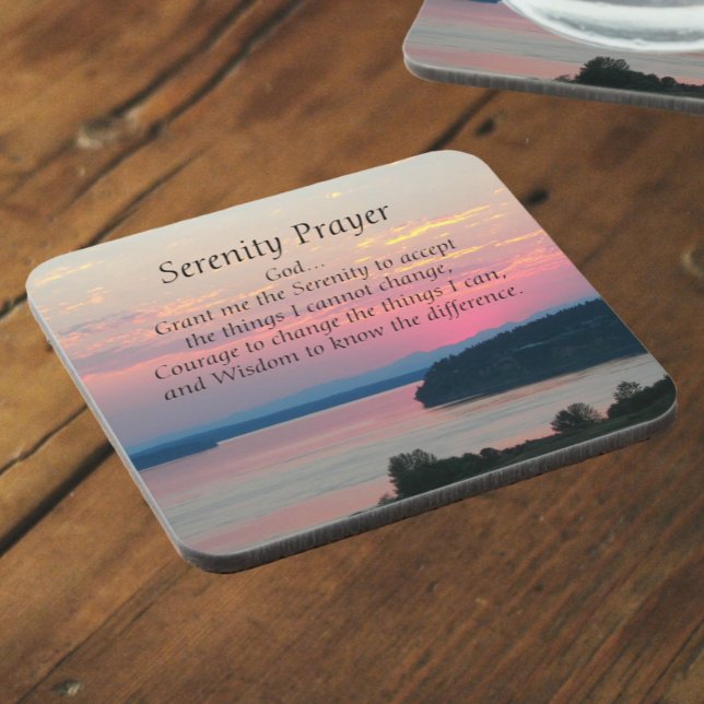Serenity Prayer Pink Seascape Sunset Beverage Coaster (In Situ Angled)