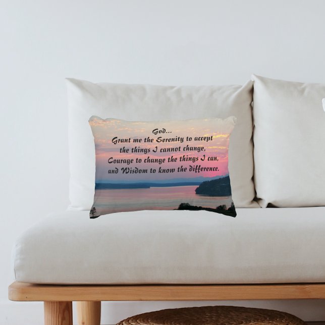 Serenity Prayer Pink Seascape Sunset Decorative Pillow (In Situ)
