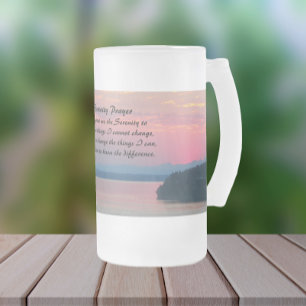 Serenity Prayer Pink Seascape Sunset Frosted Glass Beer Mug
