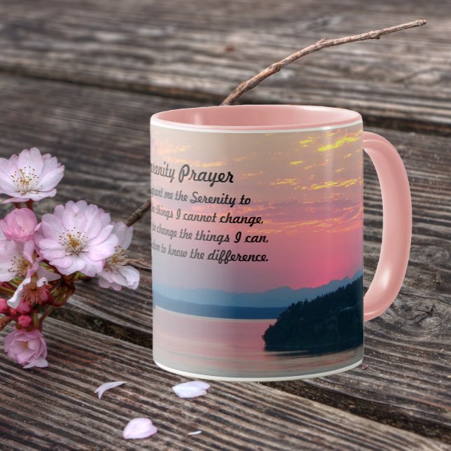 Serenity Prayer Pink Seascape Sunset Mug (In Situ Table)