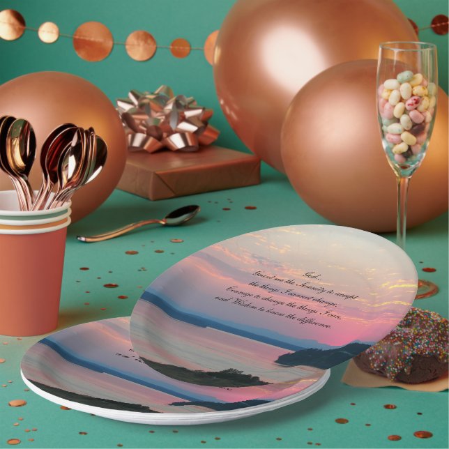 Serenity Prayer Pink Seascape Sunset Paper Plates (Multi)