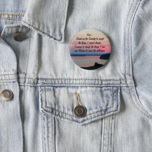 Serenity Prayer Pink Seascape Sunset Pinback Button (In Situ)