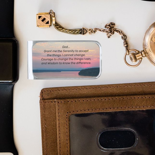 Serenity Prayer Pink Seascape Sunset Silver Finish Money Clip (In Situ)