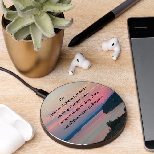 Serenity Prayer Pink Seascape Sunset Wireless Charger