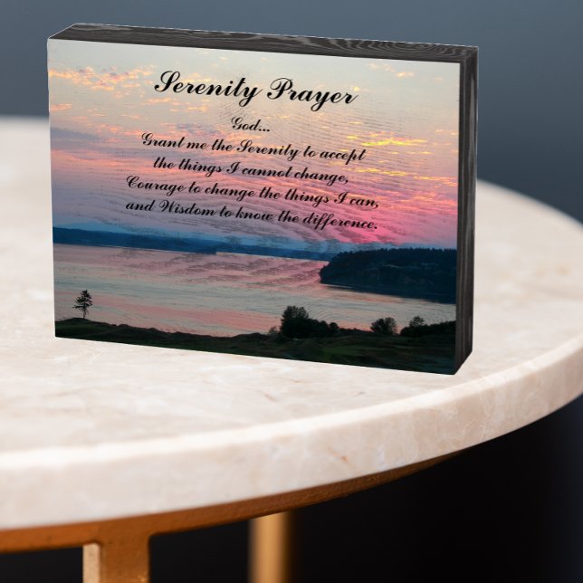 Serenity Prayer Pink Seascape Sunset Wooden Box Sign (In Situ Table)