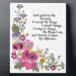 Serenity Prayer Plaque<br><div class="desc">Timeless and true Serenity Prayer presented in pressed flowers and calligraphy by Simone Sheppard.  Colorful arrangement of mini asters,  viola,  geranium,  verbena,  baby blue eyes and more,  all from Simone's California garden.  Wonderful choice for anyone,  going through tough times or not,  or involved in any 12 step program.</div>