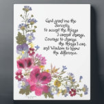 Serenity Prayer Plaque<br><div class="desc">Timeless and true Serenity Prayer presented in pressed flowers and calligraphy by Simone Sheppard.  Colorful arrangement of mini asters,  viola,  geranium,  verbena,  baby blue eyes and more,  all from Simone's California garden.  Wonderful choice for anyone,  going through tough times or not,  or involved in any 12 step program.</div>