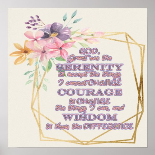 Serenity Prayer Purple Flowers Gold Frame Poster