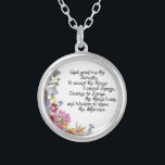 Serenity Prayer Silver Plated Necklace<br><div class="desc">Timeless and true Serenity Prayer presented in pressed flowers and calligraphy by Simone Sheppard.  Colorful arrangement of mini asters,  viola,  geranium,  verbena,  baby blue eyes and more,  all from Simone's California garden.  Wonderful choice for anyone,  going through tough times or not,  or involved in any 12 step program.</div>