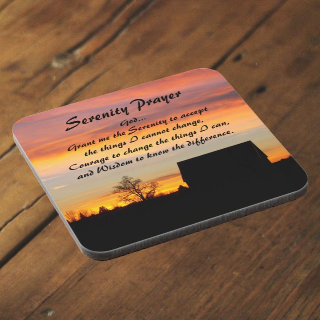 Serenity Prayer Sunset Silhouette Landscape Beverage Coaster (In Situ Angled)