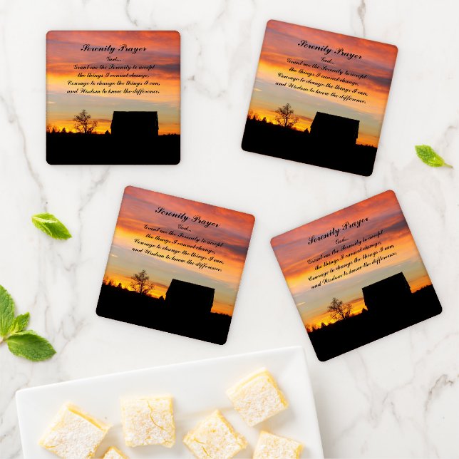 Serenity Prayer Sunset Silhouette Landscape Coaster Set (In Situ)