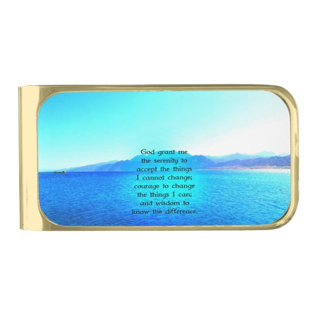 Serenity Prayer With Blue Ocean and Amazing Sky Gold Finish Money Clip (Front)