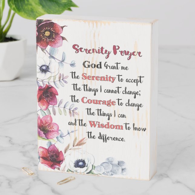 Serenity Prayer with floral artwork Wooden Box Sign (In Situ Vertical)
