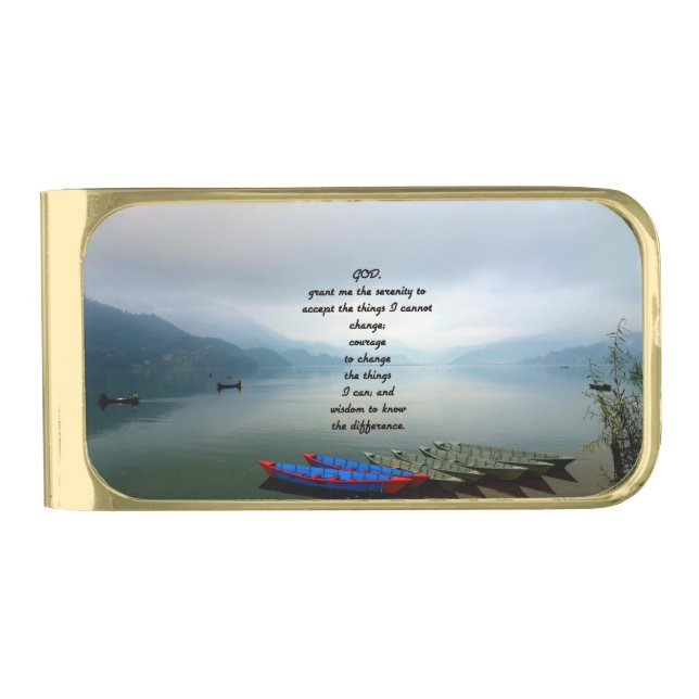 Serenity Prayer With Phewa Lake Panoramic View Gold Finish Money Clip (Front)