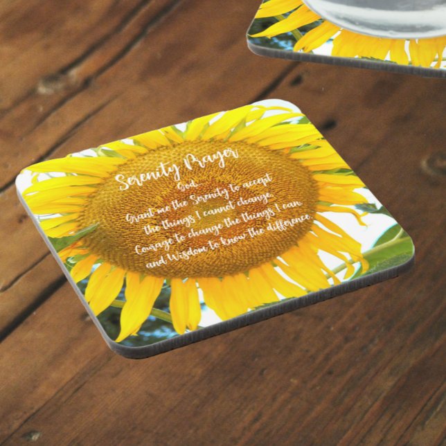 Serenity Prayer Yellow Sunflower Floral Beverage Coaster (In Situ Angled)